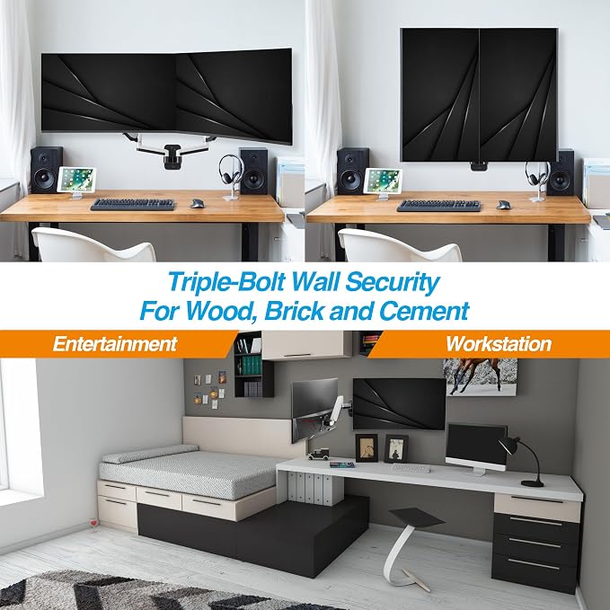 AVLT Dual Monitor Arm Wall Mount for 13-32" Screens, Full Motion - Silver | Supports flat/curved screens up to 17.6 lbs each. Smooth gas spring, VESA 75x75/100x100 and clean cable routing - Image 5