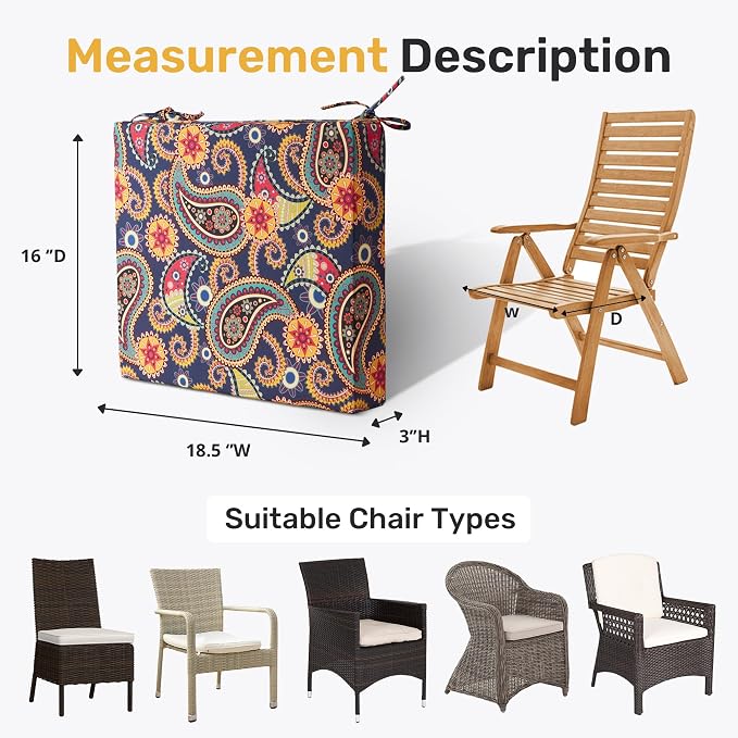 UNIKOME Outdoor Chair Cushions Pack of 4, Water Resistant Patio Cushions with Ties, High Density Sponge Filling Square Corner Seat Cushions for Outdoor Furniture, 18.5"*16"*3", Palmira Paisley - Image 5