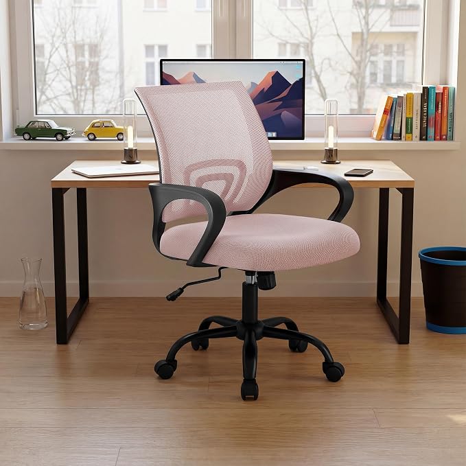 DUMOS Ergonomic Office Chair, Executive Desk Chair with Lumbar Support | Mid Back, Breathable Backrest, Fixed Armrest, Height Adjustable, 360° Swivel, Computer Gaming, Meeting, Pink - Image 9