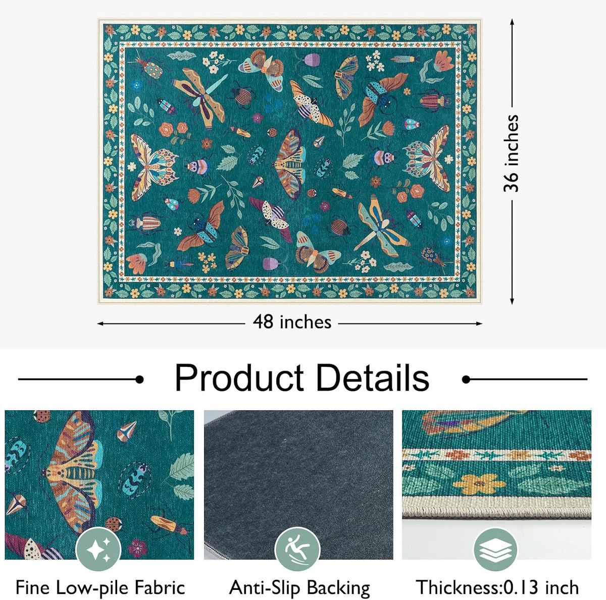 36"x48" Office Chair Mat for Hardwood Floor, Anti-Slip Floor Mat for Office Chairs, Insect Print Office Rugs for Rolling Chairs, Low Pile Dark Green Desk Chair Mats for Hardwood - Image 4