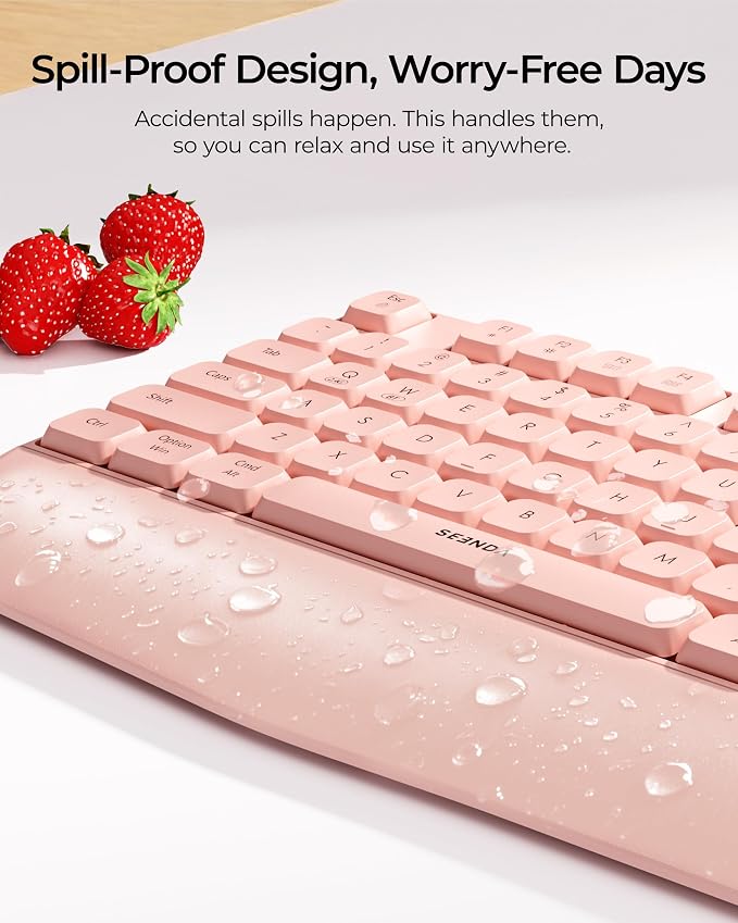 seenda Wireless Bluetooth Ergonomic Keyboard Mouse Combo, Full Size, Pink | USB/Bluetooth multi-device switching, with wrist rest, number pad, and quiet operation for PC, laptop, Mac, MacBook, and iPad - Image 8
