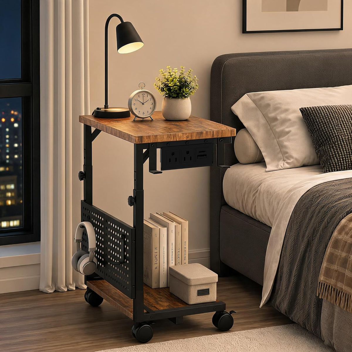 Adjustable Computer Tower Stand with Charging Station & Pegboard,Brown - Image 8