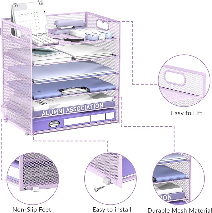Daltack 6-Tier Paper Organizer for Desk with Handle, Purple | Sturdy Metal Mesh Organizer with Movable Middle Trays and a Carry Handle for Papers, Folders and Office Supplies - Image 4