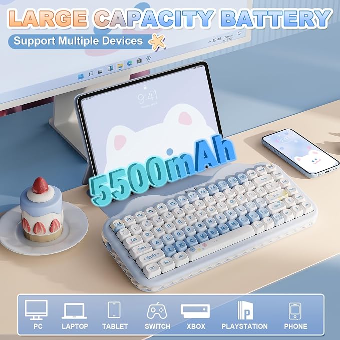 YUNZII C75 Cute 75% Wireless Mechanical Keyboard (Blue, Milk V2 Switch) | Creamy Cake Keyboard, BT5.0/2.4G/USB-C, Hot-Swap, NKRO, PBT MOA Keycaps,5500mAh RGB Gasket Mount for Mac/Win/Gaming/Office - Image 6