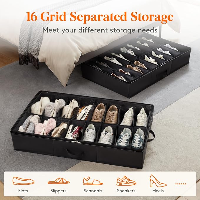 Lifewit Under Bed Shoe Storage Organizer 2 Pack(16 Shoes Cells), 4.3 Inches Profile Fabric Shoes Container Box with Clear Cover, Foldable Storage Bag with 2 Handles, Fits 16 to 32 Pairs - Image 5