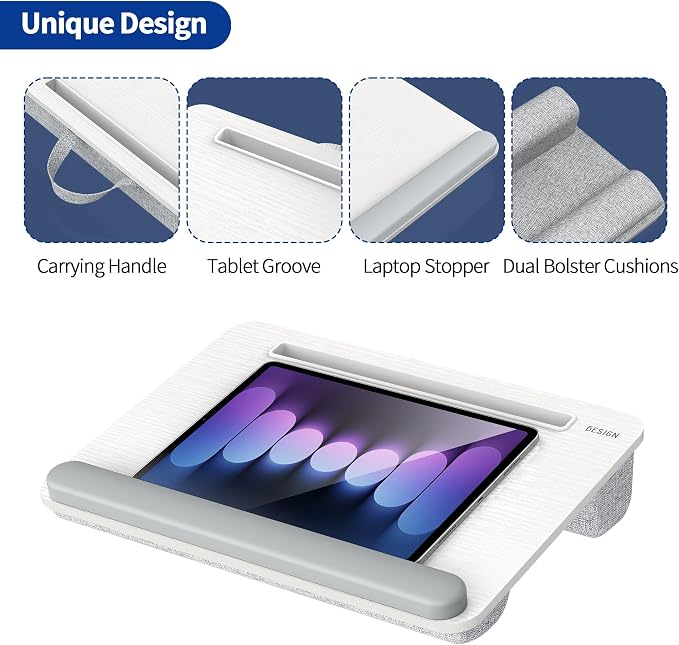 Besign LT08 Laptop Stand, Portable Lap Desk with Pillow Cushion, Fits up to 14 inch Laptop, with Anti-Slip Strip for Desk, Sofa & Bed, White and Gray - Image 3