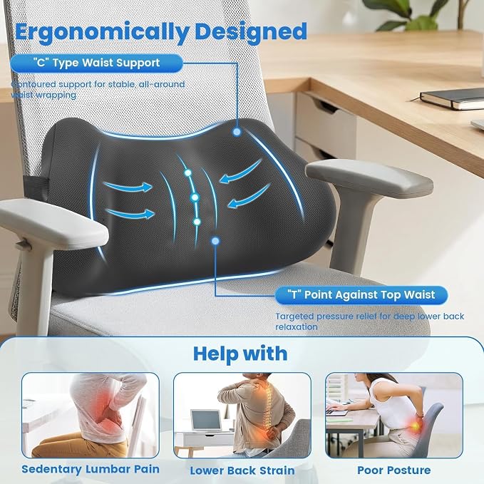 Lumbar Support Pillow, Memory Foam Back Cushion for Office Chair Car, Grey | Ergonomic Lower Back Support with Adjustable Strap, Breathable Removable Cover for Couch, Wheelchair and Daily Comfort - Image 2