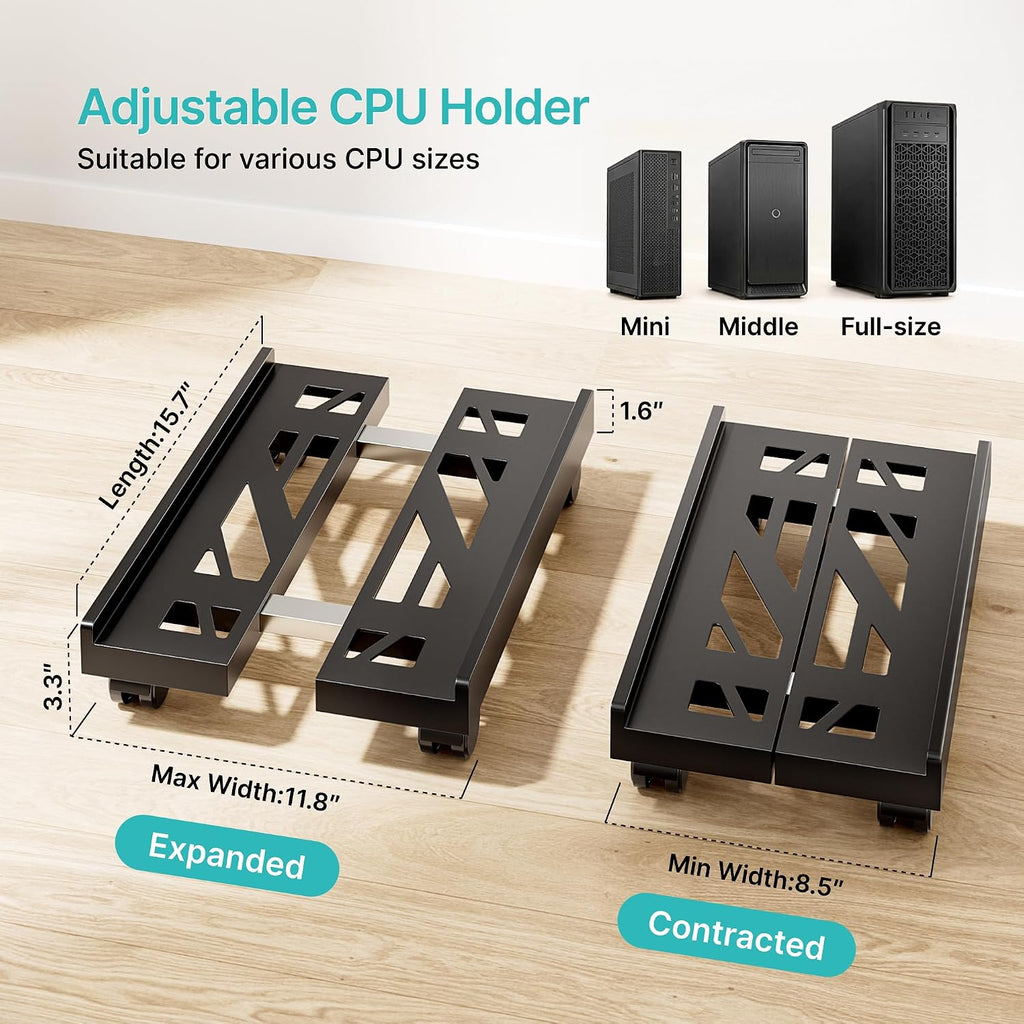 PC Stand for Floor, Adjustable CPU Stand with 4 Rolling Wheels, Black - Image 2