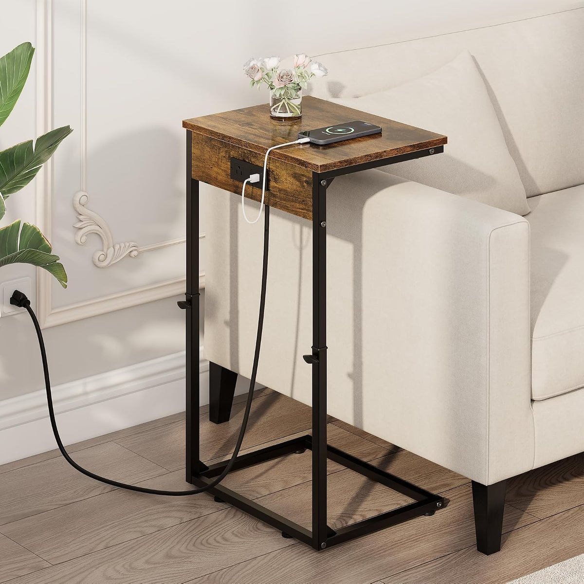 C Shaped End Table with Charging Station, Adjustable Height Side Table for Couch, Small Side Table, 33.2'' Tall Couch Tables that Slide Under, Tv Tray End Table for Living Room, Rustic Brown - Image 6