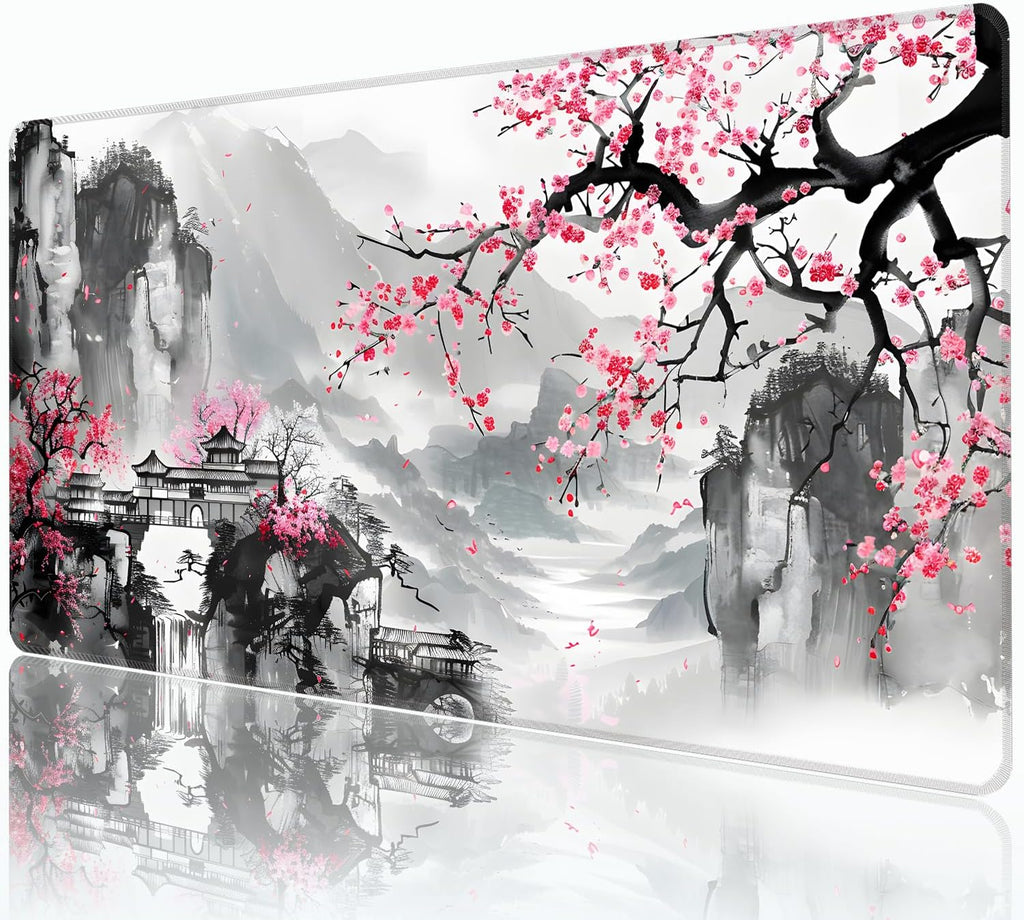 Japanese Cherry Blossom Mouse Pad,XXL 35.4"x15.7" Big Gaming Mousepad,Sakura Large Extended Mouse Mat,Non-Slip Rubber Base Waterproof with Stitched Edges for Gaming Office Home by HUNJIEEM