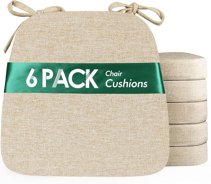 kingphenix Chair Cushions for Dining Chairs, Set of 6, 2.5 Inches Thick | High-Density Foam Kitchen Chair Cushions with Ties, Non-Slip Bottom and Removable Machine-Washable Covers, 17 x 16 in, Beige by kingphenix
