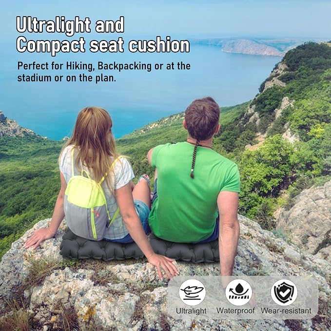 Inflatable Seat Cushion, Lightweight Stadium Seat Pad, Travel Air seat Cushion Anti-Slip for Airplane, Long Flights, Hiking, Climbing, Home and Camping, Compact Air Cushion,Black - Image 8