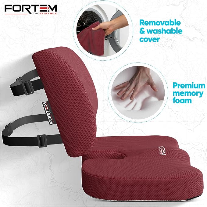 FORTEM Seat Cushion & Lumbar Support for Office Chair, Wheelchair, Car | Memory Foam | Ergonomic Design | Washable Cover | Non Slip | Red - Image 3