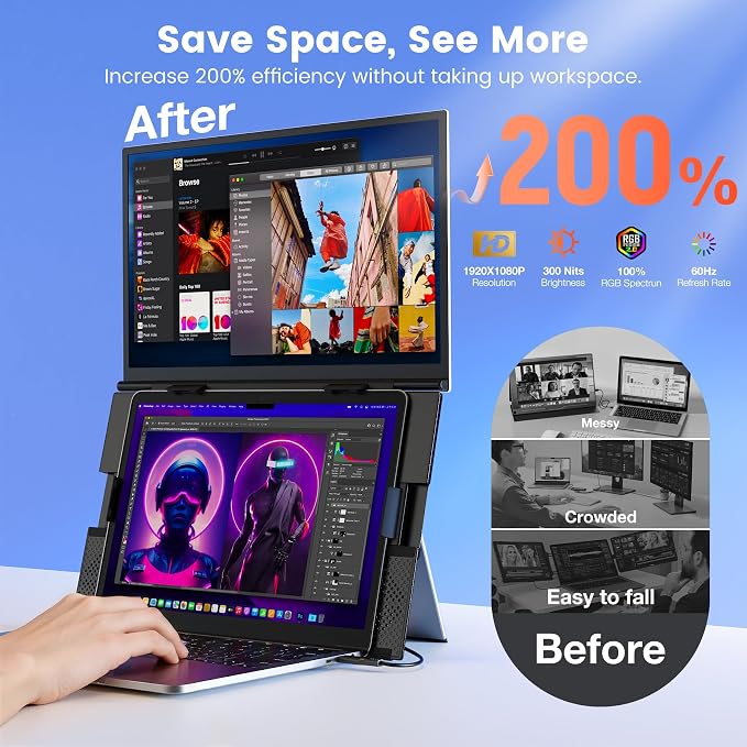 SMISEACOW Laptop Screen Extender 15.6" for 13-17.3'' Laptops, Portable Dual Monitor for Laptop, Ultra-Slim Clamp-On Vertical Dual IPS 1080P Screen Monitor Extender, USB-C HDMI for Office Travel - Image 2