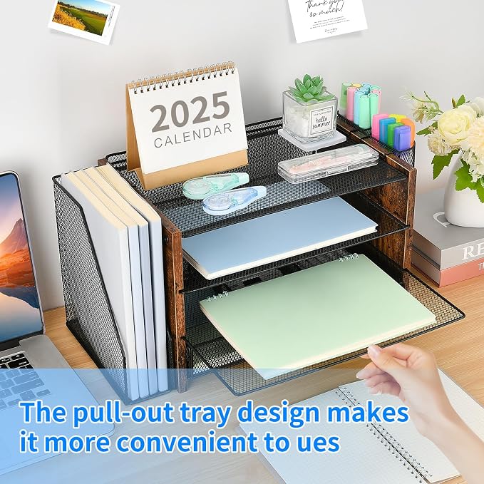 Desk Organizer, 4-Tier Desktop File Organizer with Drawer and Pen Holders, Office Desk Accessories, File Sorters, Workspace Organizers for Office Supplies(Brown Wood) - Image 4