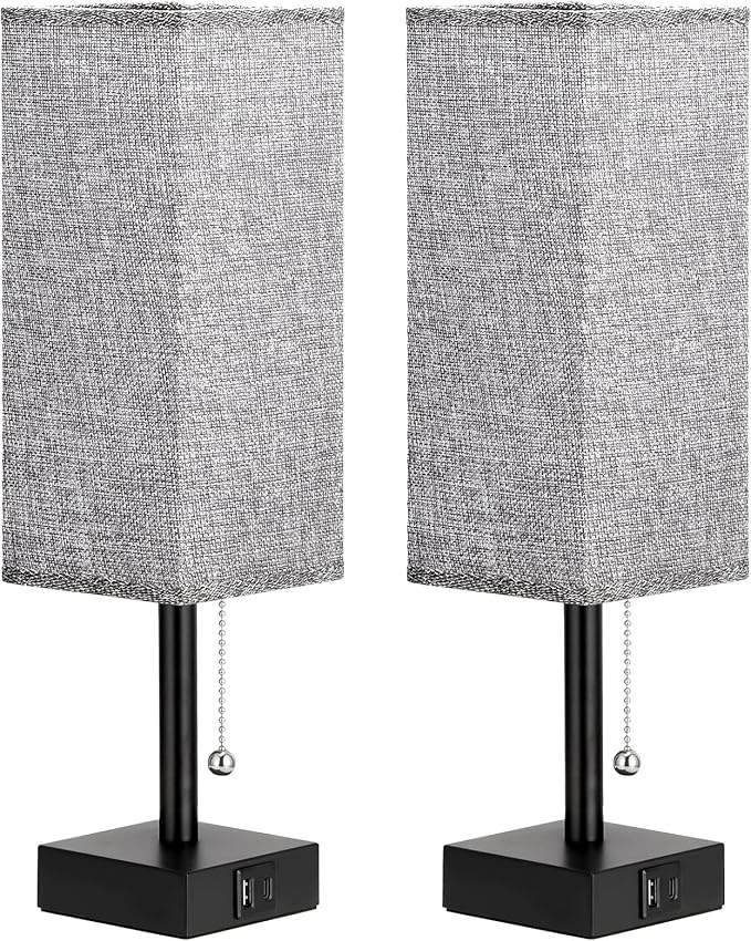 Set of 2 Grey Bedside Table Lamps for Bedroom - Nightstand Lamp, USB C+A | Pull Chain Lamp, 3 Color Modes(3000K/4000K/5000K), E26 LED Bulb Included, Square Grey Fabric Lampshade, for Read, Work, Dorm - Image 9