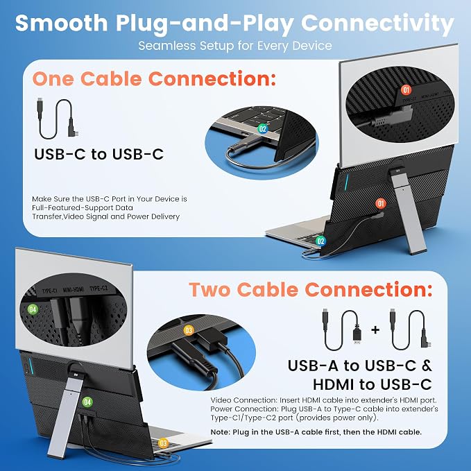 SMISEACOW Laptop Screen Extender 15.6" for 13-17.3'' Laptops, Portable Dual Monitor for Laptop, Ultra-Slim Clamp-On Vertical Dual IPS 1080P Screen Monitor Extender, USB-C HDMI for Office Travel - Image 9