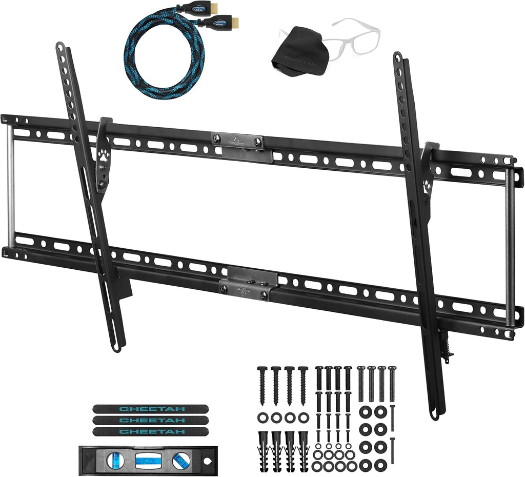 Cheetah Tilt TV Wall Mount for 37-86" TVs (Newer Displays up to 100"), Includes 10ft HDMI Cable, 165lbs Max VESA 800x400mm, Fits 16, 24, 32" Studs, Ultra Low 1.3" Profile Adjusts to 15 Degree Tilt by Cheetah