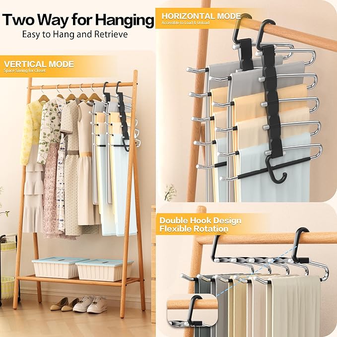 Pants Hangers Space Saving - 4 PCS Closet Organizer and Storage Jean Hangers, Stainless Steel Anti-Slip Clothes Hanger Scarf Holder Pants for Jeans Leggings Trousers Rack for Back to School, Black - Image 3