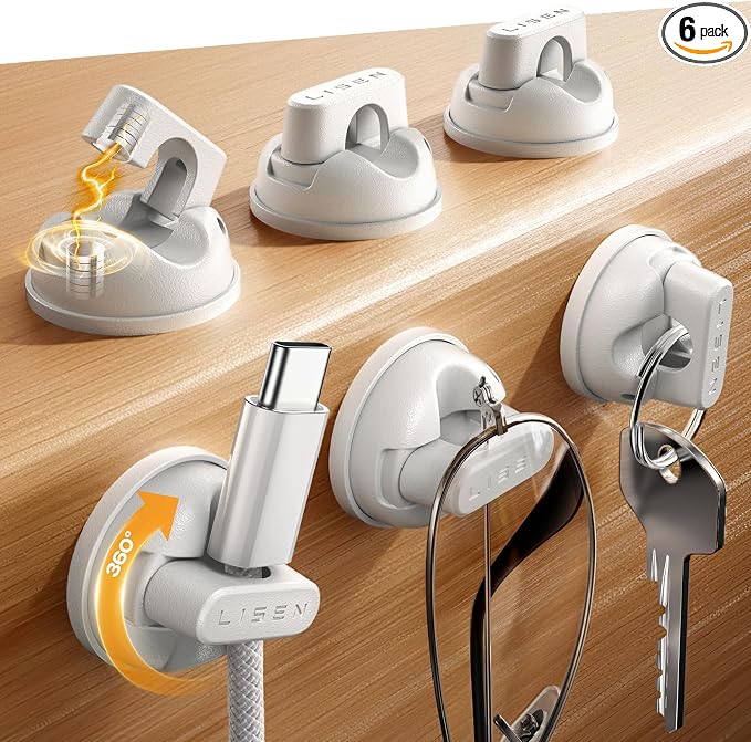 6-Pack Rotatable Cord Holder for Nightstand, LISEN 360°Rotating Magnetic Clips, No-Residue Adhesive Cable Management Clips Neatly for Nightstand, Desk, Home, Office, Car, Cubicle Accessories, White by Lisen