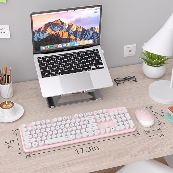 UBOTIE Colorful Wireless Keyboard and Mouse Combo (Pink-White) | Retro Typewriter Floating Full-Sized Keys Computer Keyboard with Optical Mouse, 2.4GHz USB Connection for Windows Mac - Image 6