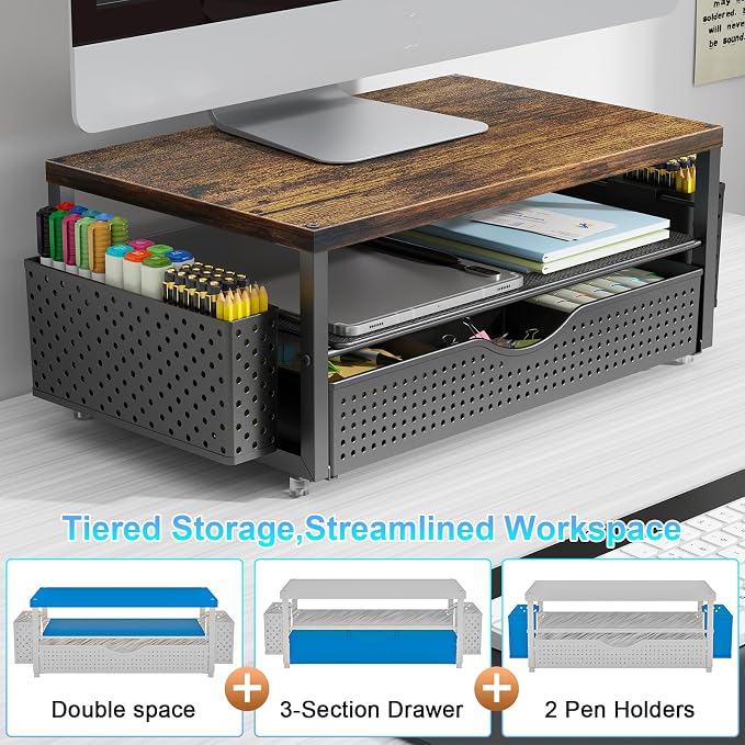 gianotter Desk Organizers and Accessories, Monitor Stand with Drawer and 2 Pen Holder, Desktop Organizer Suitable for Offices and Dormitories (Wood-Plain) - Image 5