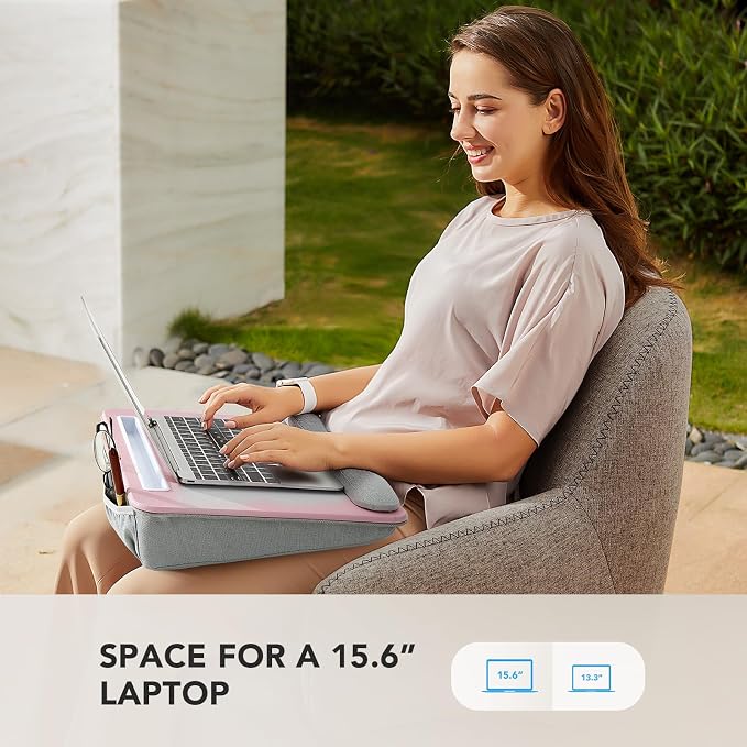 HUANUO Laptop Lap Desk with Cushion, Fit up to 15.6" Laptop，Pink | Portable Lap Desk with Pillow Cushion, Anti-Slip Strip & Storage Function for Home Office Students as Computer Laptop Stand - Image 2