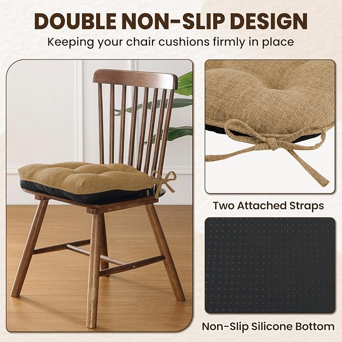 downluxe Indoor Chair Cushions for Dining Chairs, Tufted Overstuffed Textured Kitchen Chair Pads with Ties and Non-Slip Backing, 15.5" x 15.5" x 4", Taupe, 4 Pack - Image 4