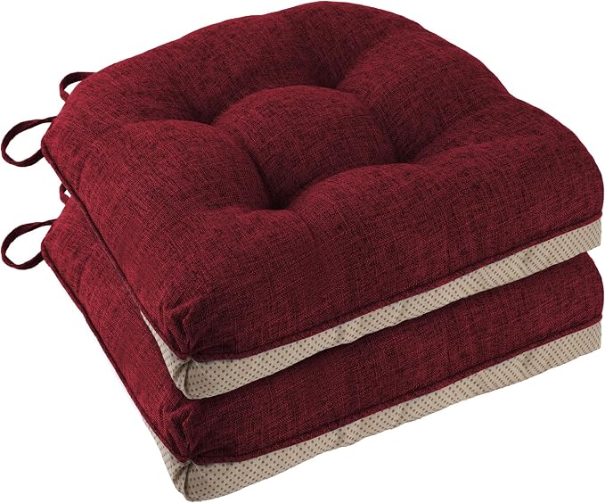 Chair Cushions for Dining Chairs Set of 2, 18"x18"x3", Red | Non-Slip with Ties, Tufted, Faux Linen, Seat Cushions for Dining Room Kitchen Breakfast Nook Indoor Home Office Living Room by FlyGulls