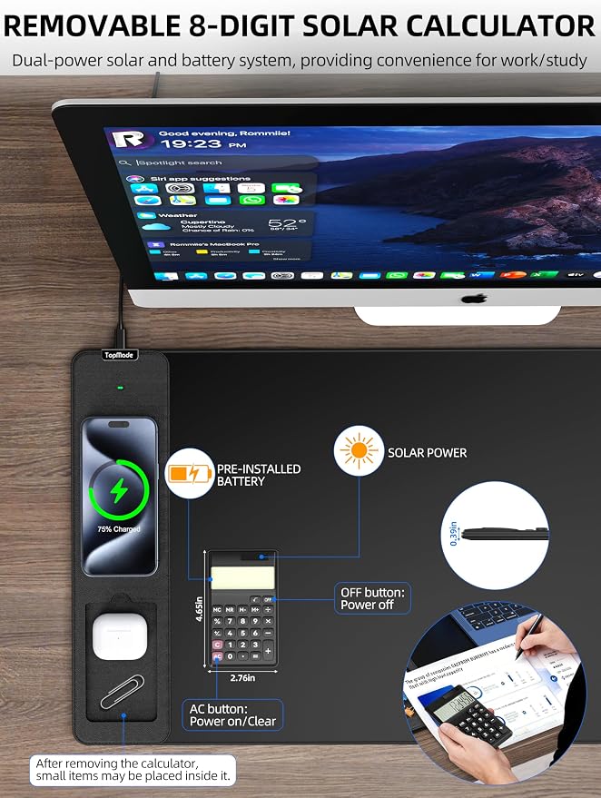 TopMade Mouse Pad with 15W Wireless Charging, Removable 8-Digit Solar Calculator, 31.5" x 15.75" XXL Large Desk Pad, Gaming Computer Keyboard Pad, Waterproof Mousepad Home Office Desk Mat, Black - Image 4