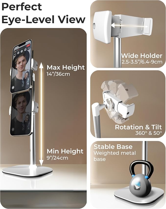 COOPER ChatStand Sturdy Cell Phone Holder, iPhone Stand for Desk, Recording | 9-13" Adjustable, Weighted Metal Base, Tabletop Tripod, for Filming, Video Calls, FaceTime; fits all iPhone, Samsung, Android - Image 3