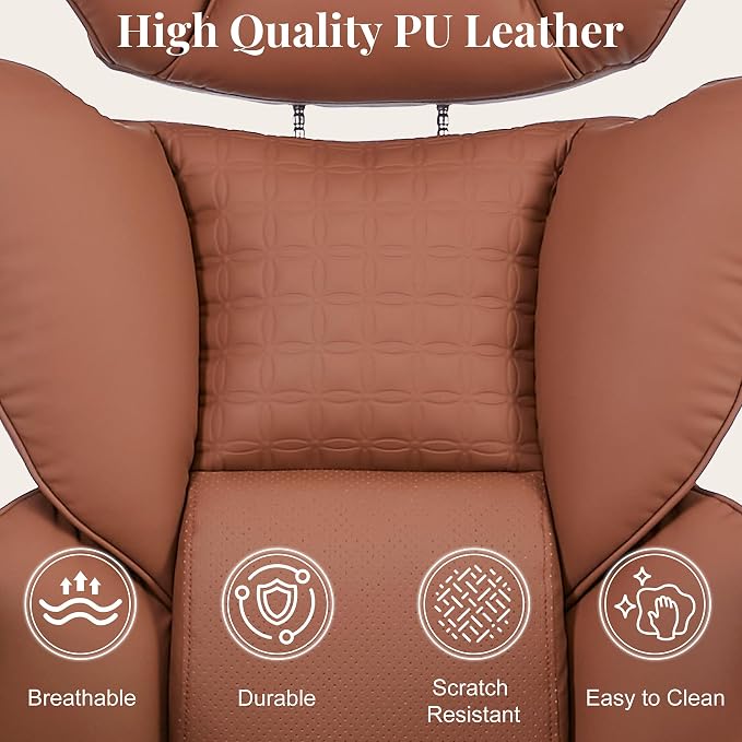 Big and Tall Office Chair 400 LBS, for Adults, Home Office | PU Leather, Executive Ergonomic Desk Chair with Footrest, Lumbar Support, Wide Seat ,Reclining, Adjustable Armrest, Brown - Image 7