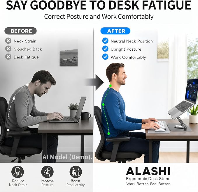 ALASHI Laptop Stand for Desk with 360° Rotating Base, Multi-Angle Adjustable Laptop Stands, Foldable Laptop Riser Compatible with 10 to 17 Inches PC Computer, Grey - Image 7