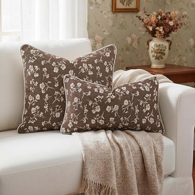 20x20 Chenille Jacquard Throw Pillow Cover, Taupe Gray Vintage Floral Cushion Case with Piped Edges, Decorative Large Accent for Sofa, Bed & Couch, 2 Pack - Image 2