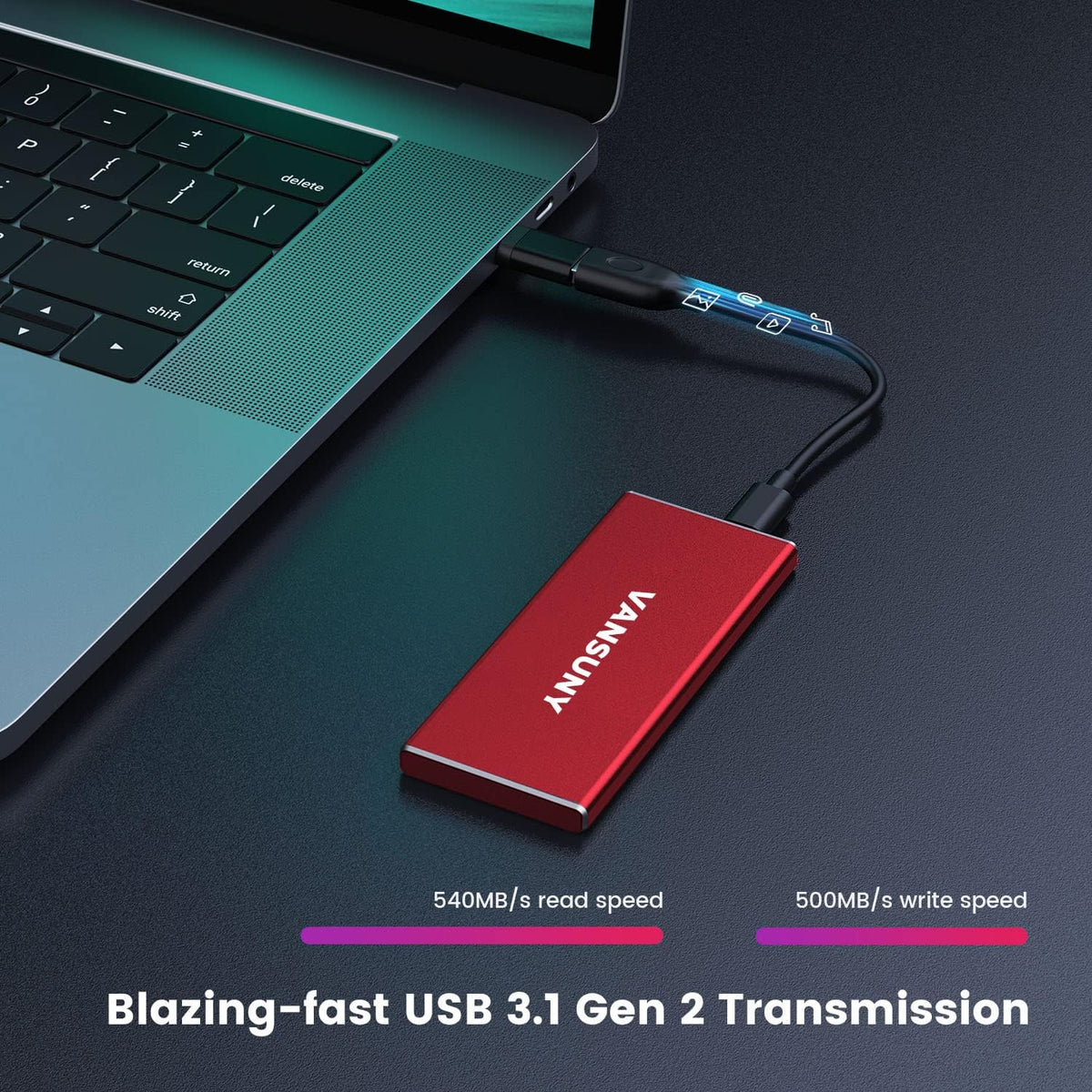 Vansuny 1TB Portable External SSD, USB 3.1 Gen2 540MB/s High-Speed Data ssd External Hard Drive USB C, Metal Mini Portable External Solid State Drive, Red - Image 2