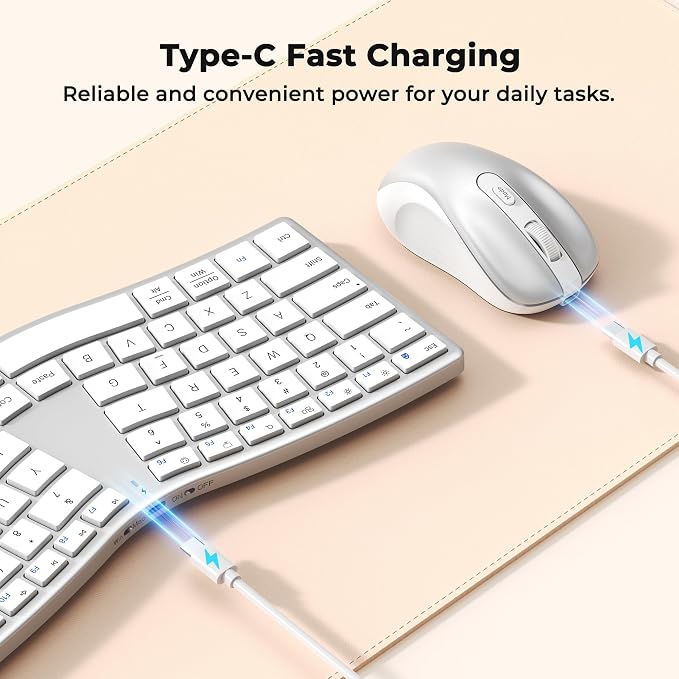 MEETION Wireless Ergonomic Keyboard and Mouse, Split S-Curve Design, White | Dual Bluetooth and 2.4GHz connectivity, low-profile rechargeable keyboard, 4 DPI mouse for Windows, Mac, PC and laptop - Image 5