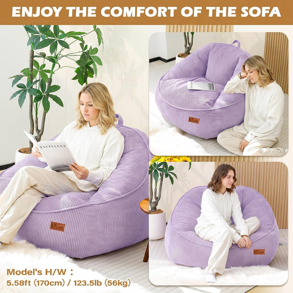 Giant Bean Bag Chair for Adults, Teens and Kids, Cozy Fluffy Corduroy Beanbag Chair with Filler, Large Floor Lounge Sofa for Living Room, Bedroom, Dorm, Gaming and Reading(L-Lightpurple) - Image 6
