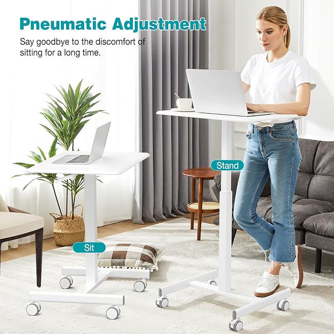 DUMOS Small Standing Desk with Wheels, Laptop Desk, 19 Inch | Portable Rolling Design, Adjustable Height Workstation, Home Office Mobile Station, White - Image 4