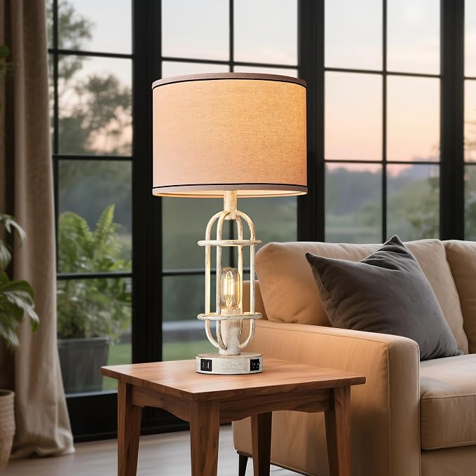 Reaketon 22.3" Farmhouse Table Lamps Set of 2, Vintage Lamps for Living Room End Tables, Bedroom Lamp for NightStand with USB C+A Ports, Antique White - Image 6