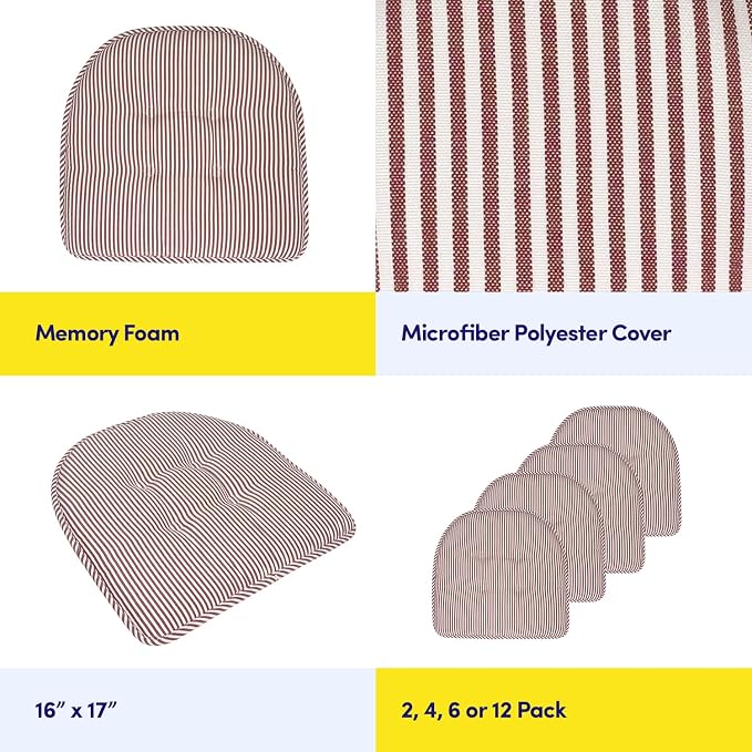 Sweet Home Collection Chair Cushion Memory Foam Pads Tufted Slip Non Skid Rubber Back U-Shaped 17" x 16" Seat Cover, 6 Count (Pack of 1), Pinstripe Burgundy - Image 6
