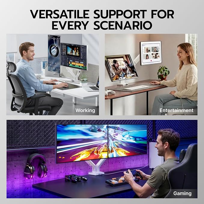 ARES WING Dual Monitor Mount with USB for 2 Monitors for 17-35 inch, White | Heavy Duty Monitor Arms for 2 Monitors, Fully Adjustable Monitor Desk Stand for Ultrawide Screen, VESA 75x75 or 100x100mm - Image 8