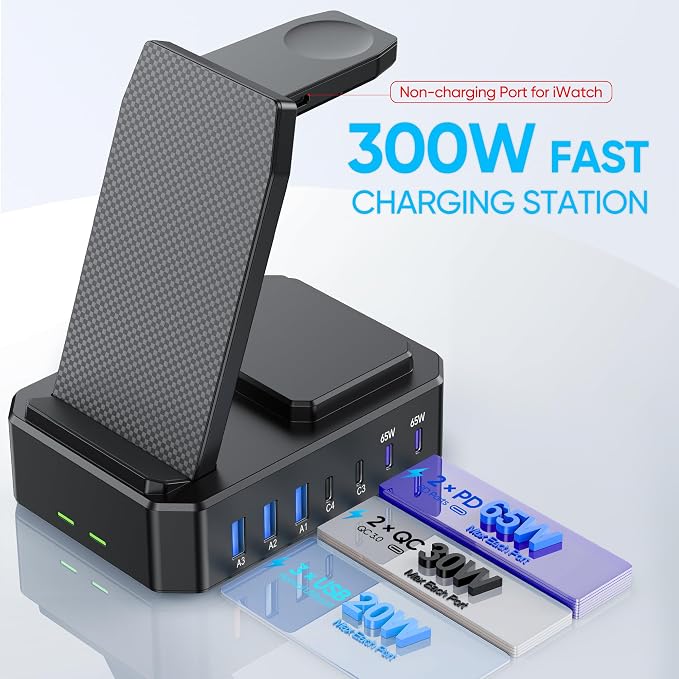 300W Charging Station for Multiple Devices Apple,zutspzss Wireless Charger | 10 in 1 USB C 65W PD Fast Charging Stand Dock for iPhone,MacBook,iWatch&Airpods (Wireless Charging Only for Apple) - Image 4