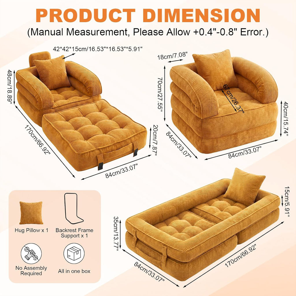Folding Sofa Bed, Convertible Sleeper Chair, Corduroy Boneless Couch - Image 2