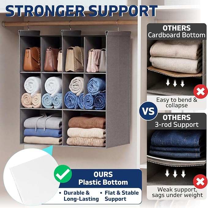 3 Tier Hanging Closet Organizer, 10 Compartments Dual Row Storage, Grey | Closet Organizers and Storage with Large & Small Pockets, 3 Sturdy Hooks Support Heavy Loads, for Dorm, RV, Garment Rack - Image 4