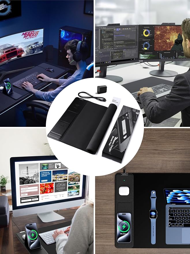 Wireless Charging Mouse Pad with Foldable Phone Holder, 31.5" x 15.8" XXL Large Desk Pad, Gaming Mousepad with Ultra-Smooth Surface, Non-Slip Base, Black Waterproof Desk Mat, with 20W PD Charging Kit - Image 8