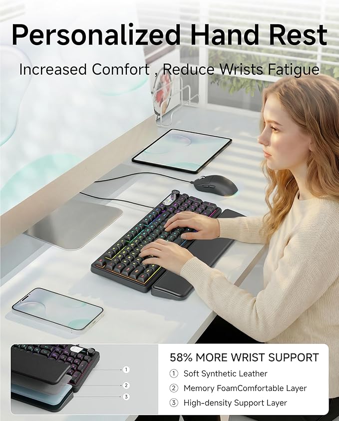 EWEADN Wired Keyboard and Mouse Combo with Detachable Wrist Rest, Quiet Ergonomic Keyboard Mouse Set with Multimedia Knob, RGB Backlit, Double-Shot Keycaps Natural Typing for Laptop, PC - Black - Image 3