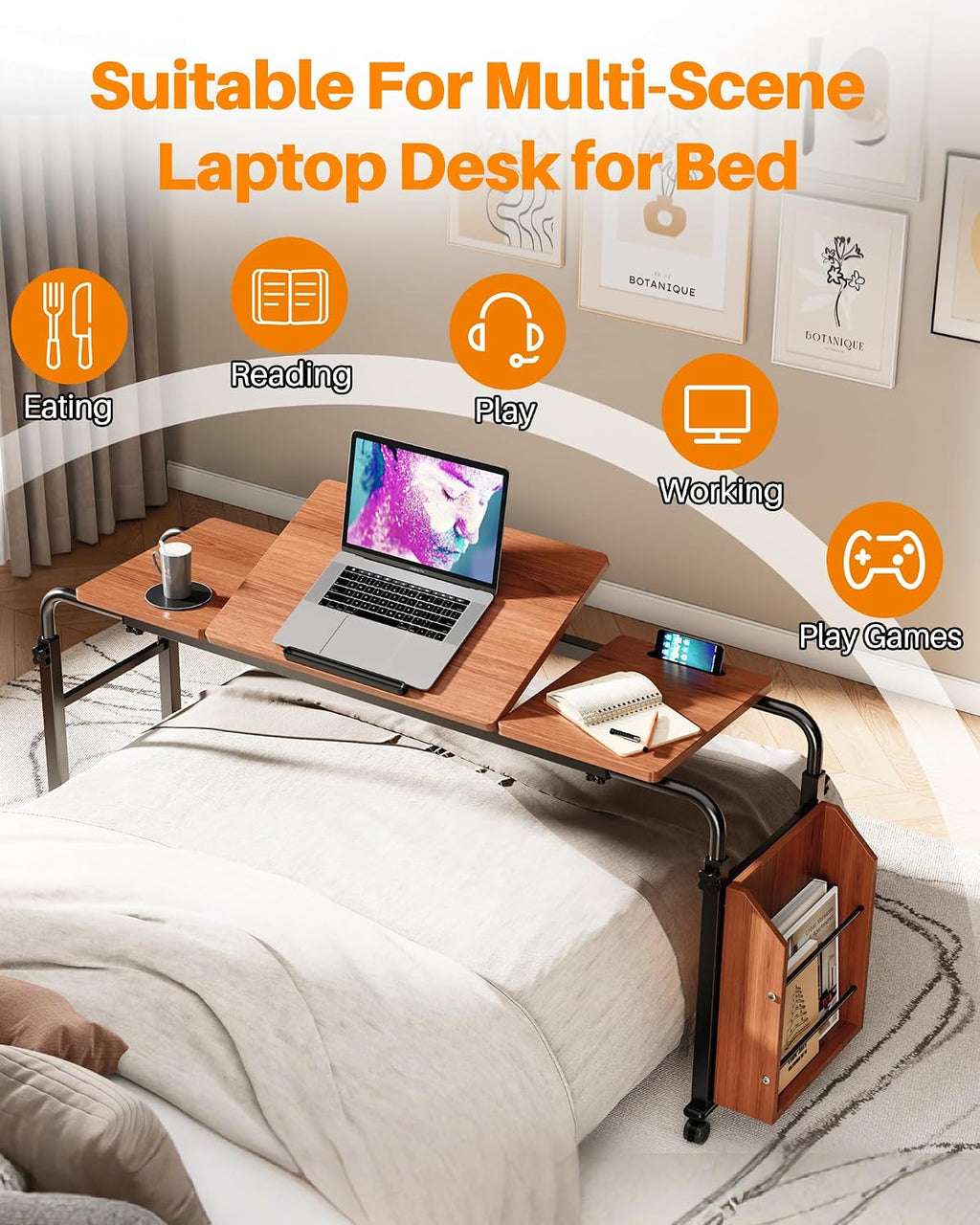 Laptop Desk for Bed,6-Angle Adjustable Overbed Table with Wheels,Adjustable Height and Length Bed Table for Laptop with Side Bookshelf,Standing Desk,Over Bed Desk for Working Hospital Home (Oaken) - Image 7