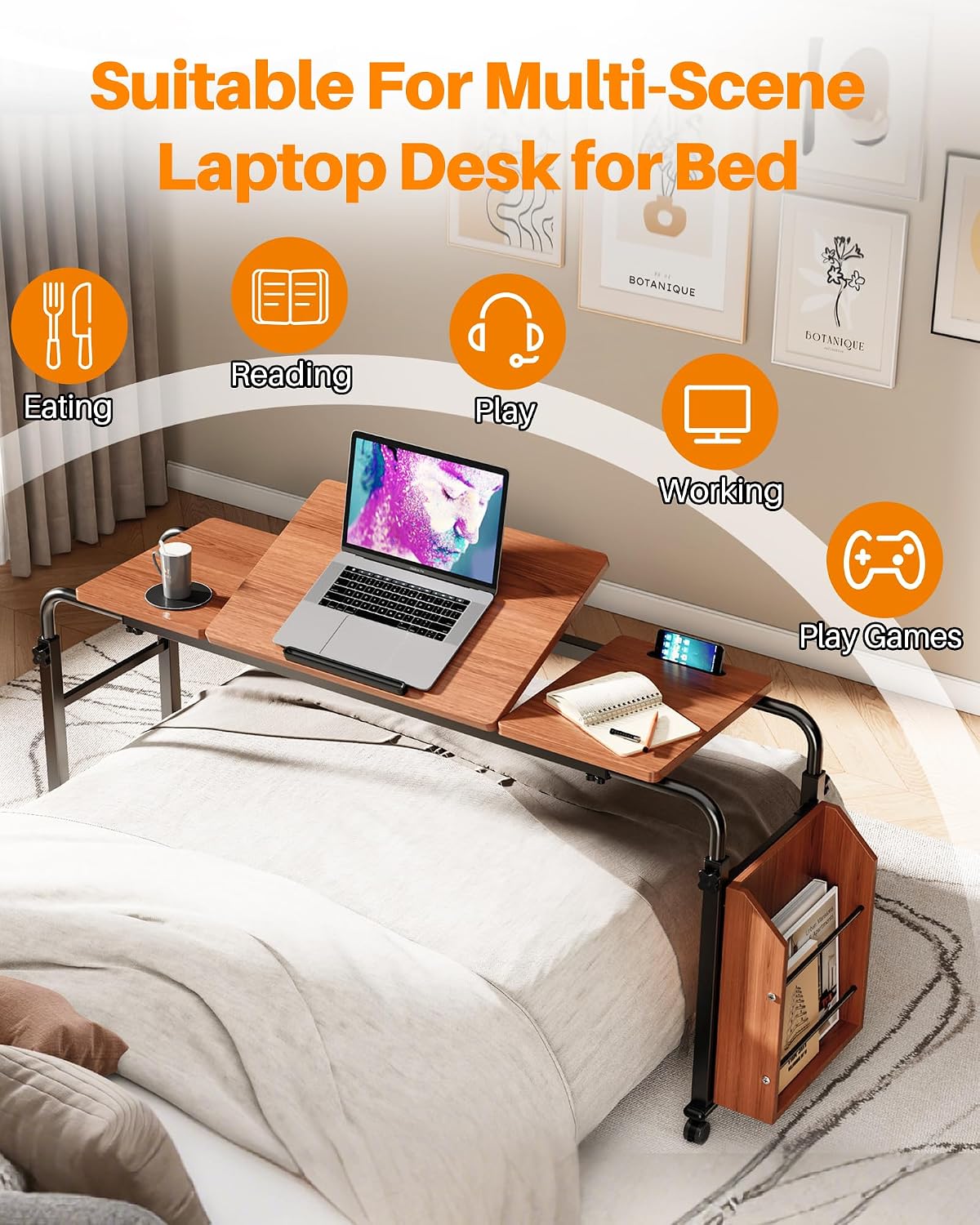 Laptop Desk for Bed,6-Angle Adjustable Overbed Table with Wheels,Adjustable Height and Length Bed Table for Laptop with Side Bookshelf,Standing Desk,Over Bed Desk for Working Hospital Home (Oaken) - Image 7