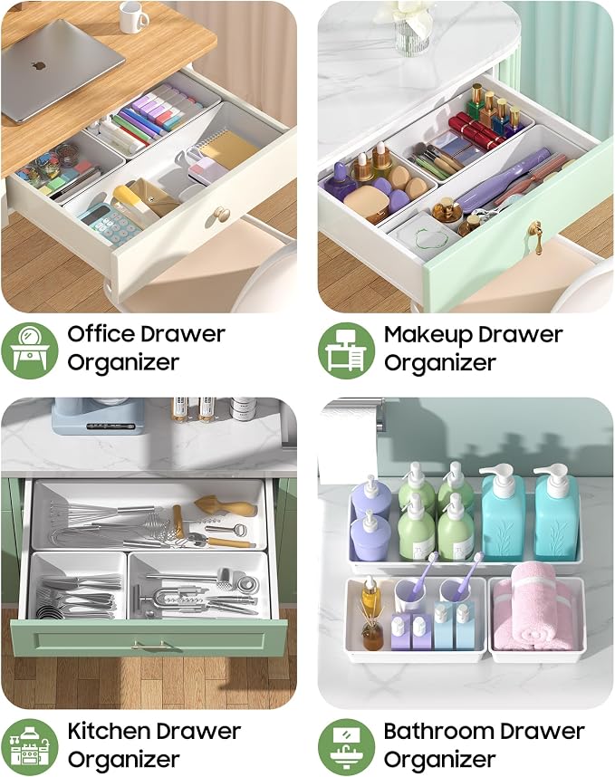 10 Pack Large Size Plastic Drawer Organizers Set, 3 Sizes Desk Drawer Organizer Trays, Storage Bins for Vanity, Makeup, Bathroom, Kitchen Utensils and Office (White) - Image 5