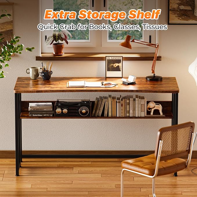 Huuger Folding Desk with Storage Shelf, 47.2 Inch Foldable Computer Table | Writing Work Office Computer Desk for Small Spaces, Space Saving Sofa Table for Couch, Easy to Fold, Rustic Brown - Image 6